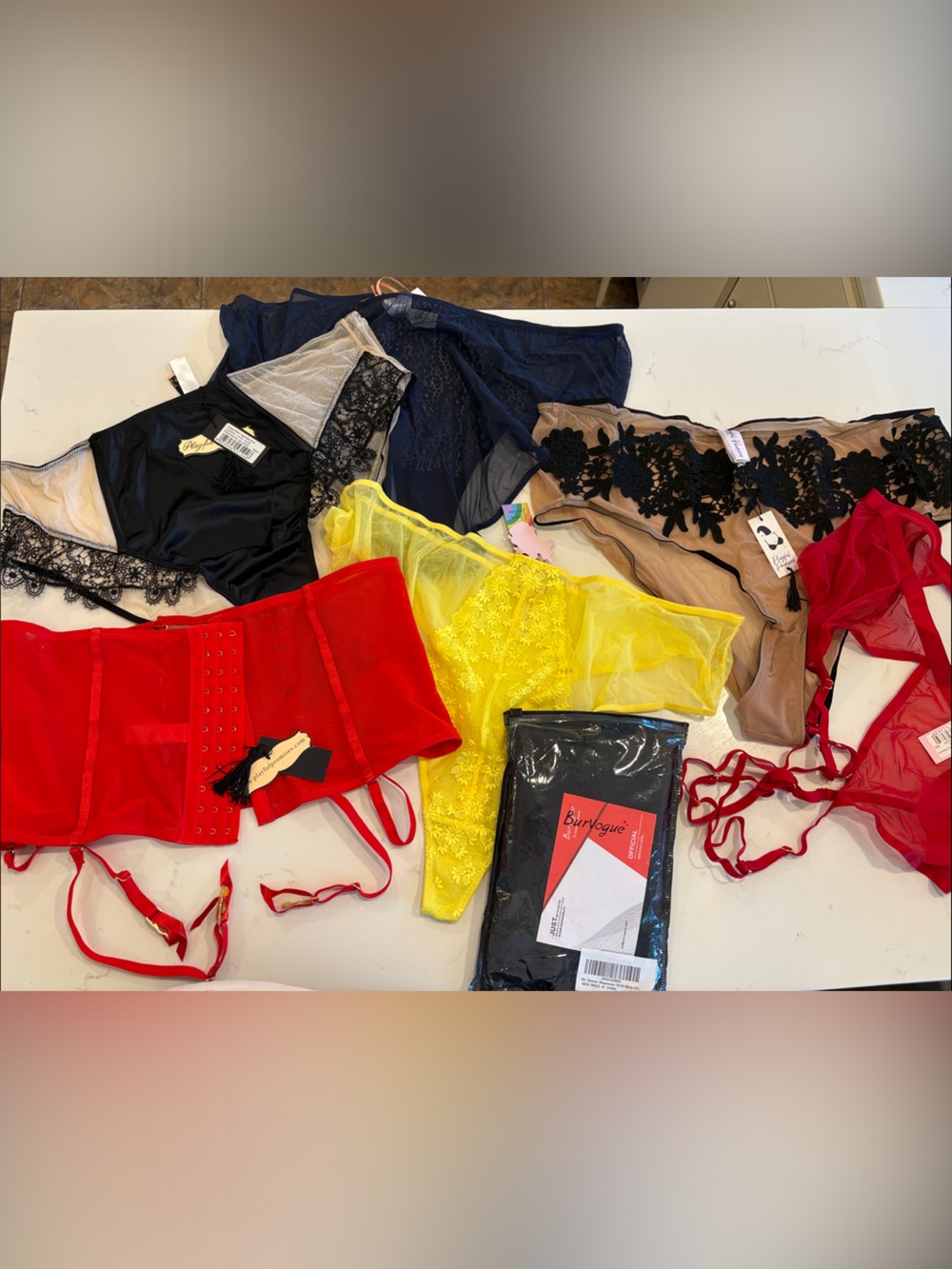 Colorful Lace & Mesh Lingerie Bundle - Red, Yellow, Black, Navy, Tan